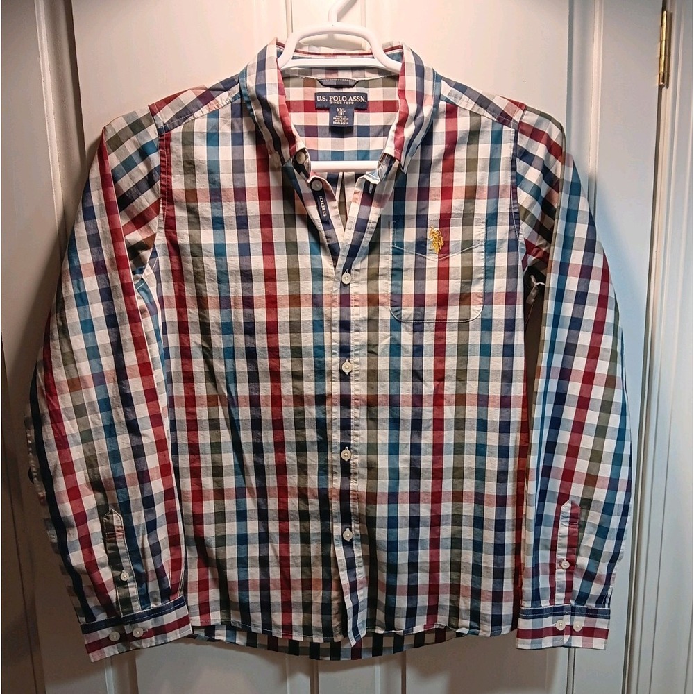 US Polo Assn Boys XXL 18 Dress Shirt Long Sleeve Plaid Button Up Poplin Stretch